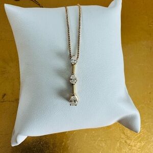 14K Yellow Gold and Diamond Teardrop Necklace and Pendant 3 stone pear vertical